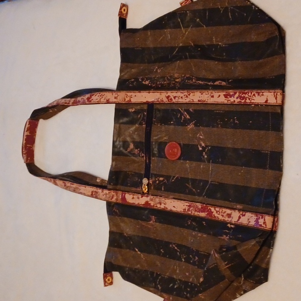 Fendi Pequin Brown and Black Striped Tote Bag Handbag w/Marks